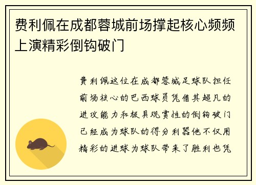 费利佩在成都蓉城前场撑起核心频频上演精彩倒钩破门