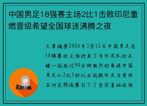 中国男足18强赛主场2比1击败印尼重燃晋级希望全国球迷沸腾之夜